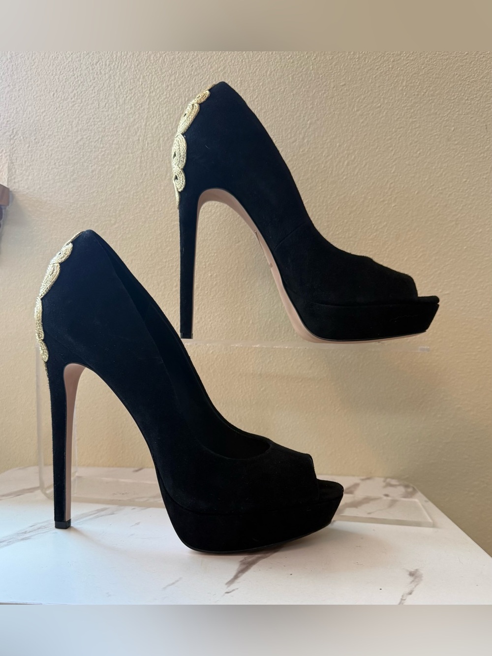 Brian Atwood Raja Black Suede Peep-Toe Platform, Gold Embellishment, EUC, Size 9